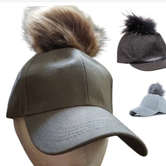 Gray  Baseball Cap Hat w/ Removable Fur Pom Pom Winter Chic main image 4